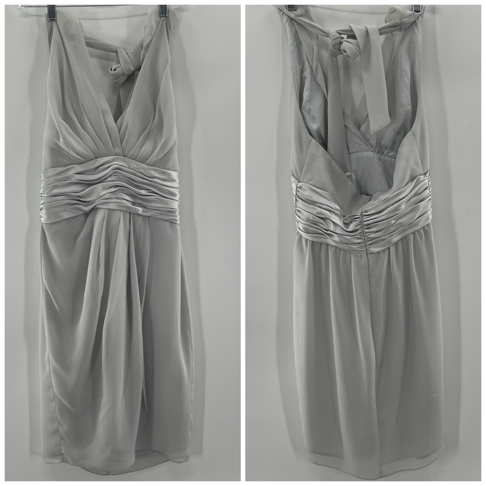 Maggie London Light Grey Silver Halter Tie Faux Wrap Chiffon Mini Dress Size 8